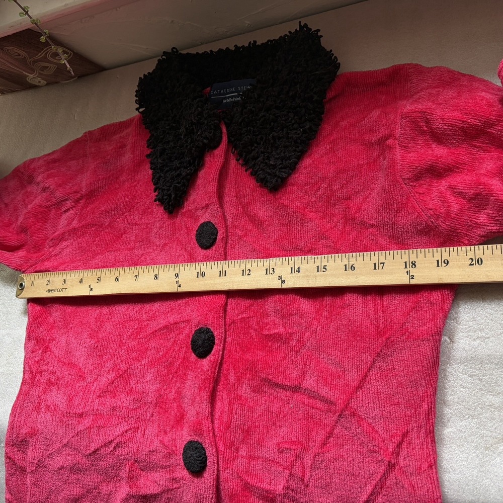 Vintage Catherine Steward Chenille Cardigan Women M Pink Black Loop Collar Y2K - Picture 5 of 9